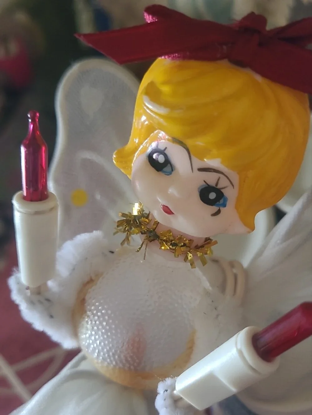 White Angel Tree Topper Figurine with Red Accents